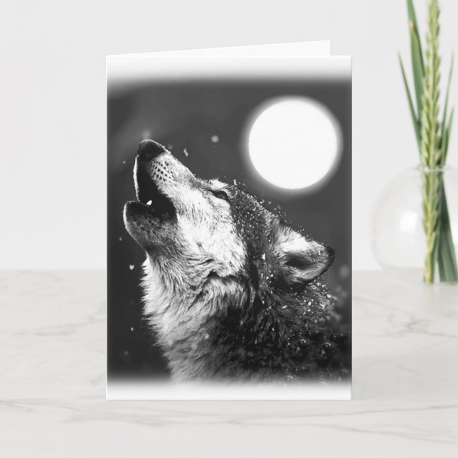 Cartão Lobo Negro e Branco Howling na Lua (Frente)