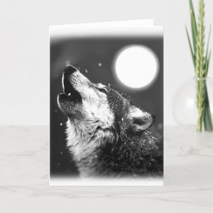 Cartão Lobo Negro e Branco Howling na Lua
