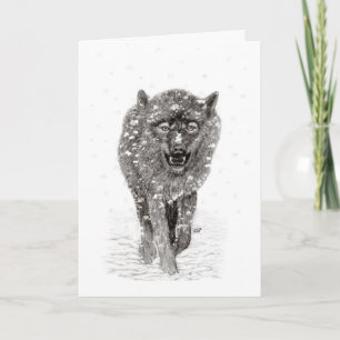 Cartão Lobo Negro Zangado na Neve, inverno selvagem