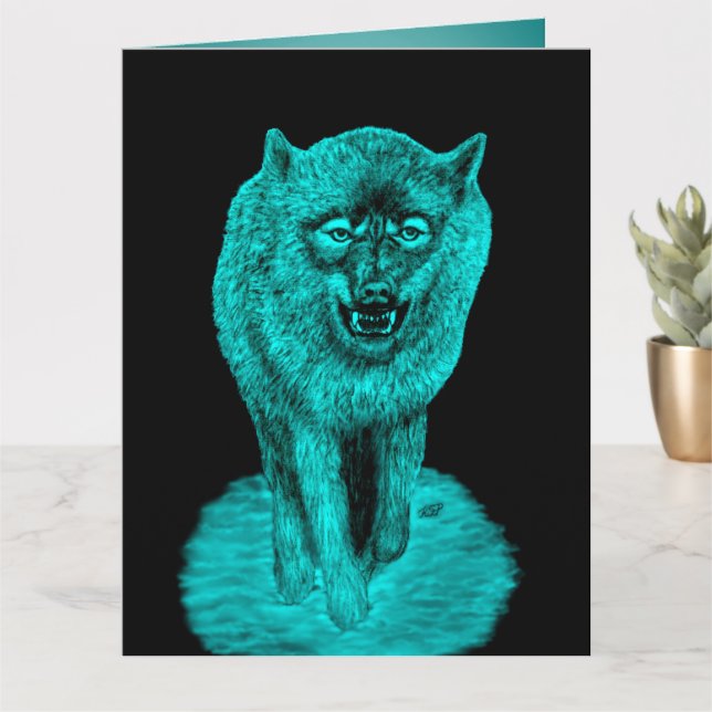 Cartão Lobo Negro Zangado na Noite (Planta pequena)