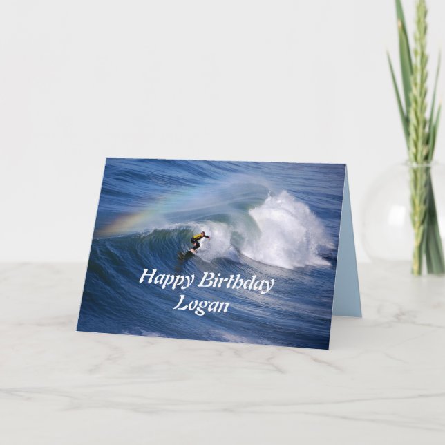 Cartão Logan Happy Birthday Surfer com Rainbow (Frente)
