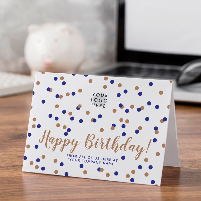 Cartão Logotipo Dourado Azul Confetti Feliz Aniversário (Criador carregado)