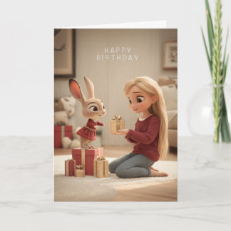 Cartão Loira Dando Presente de Aniversário de Coelho com