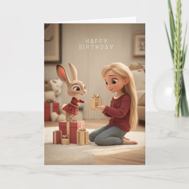 Cartão Loira Dando Presente de Aniversário de Coelho com  (Frente)