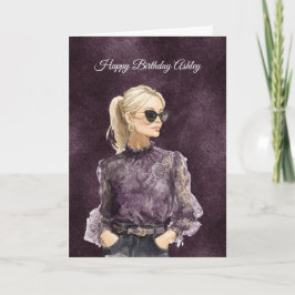Cartão Loira Feminino Óculos de Sol Blusa Roxa Aniversári