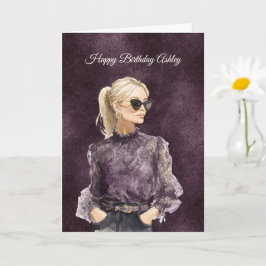 Cartão Loira Feminino Óculos de Sol Blusa Roxa Aniversári