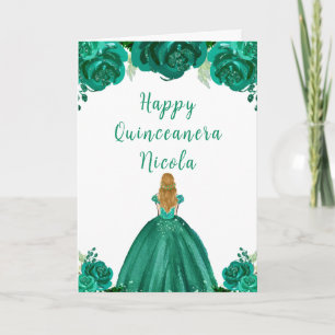 Cartão Loira Princesa Verde Quinceanera Floral