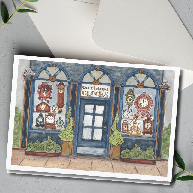 Cartão Loja de Relógios Antigos de Ano Novo Aquarela (Criador carregado)