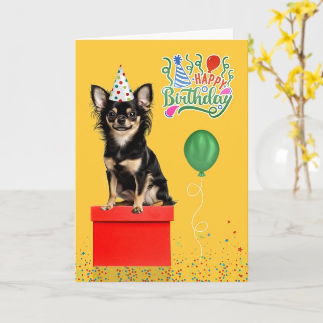 Cartão Long Hair Chihuahua Dog Party Hat Yellow Birthday (Flor Amarela)