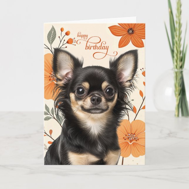 Cartão Long Haired Chihuaua Dog Bold Retro Birthday (Frente)