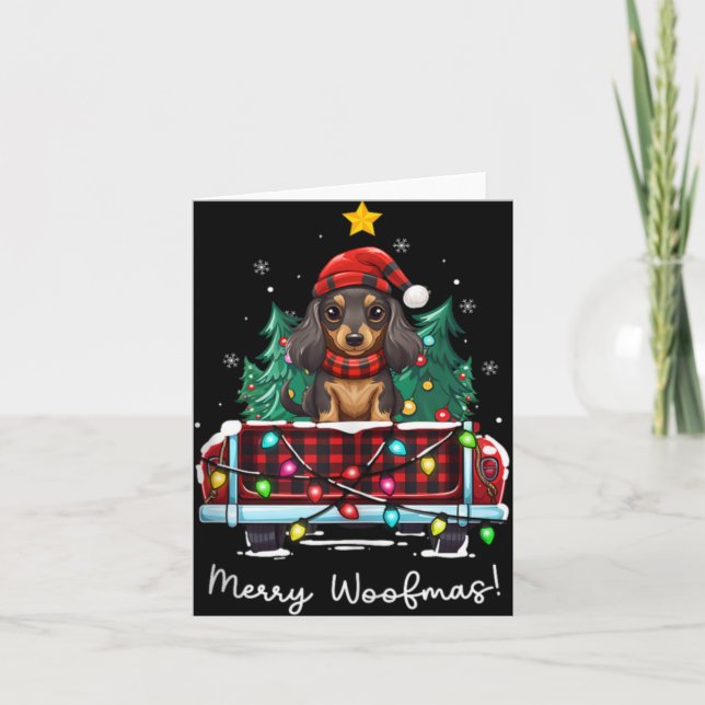 Cartão Long Haired Dachshund Christmas Dog Truck Plaid Fu (Frente)