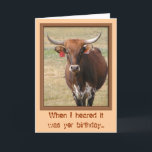 Cartão Long-horn Steer Birthday Card<br><div class="desc">The perfect birthday card for a guy. This long-horn steer is so excited that he's made a surprise for the birthday boy! Card's verse and tone similar to (but not affiliated with) Leanin' Tree cards.</div>