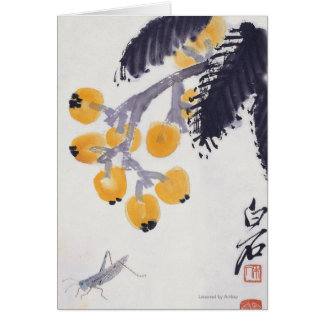 Cartão Loquats e um gafanhoto
