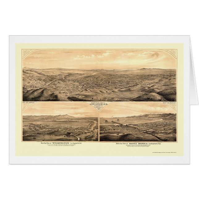 Cartão Los Angeles, mapa panorâmico de CA - 1877 (Frente Horizontal)