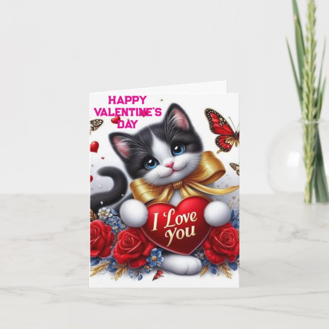 Cartão Love Hearts Cute Cat  and Roses Valentines Day (Frente)