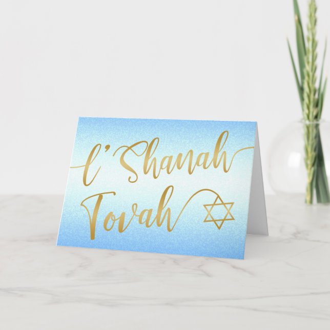 Cartão L'Shanah Tovah Rosh Hashanah Script Dourado Azul (Frente)