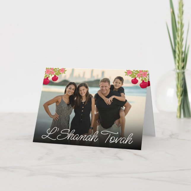 Cartão L'Shanah Tovah Script Foto Pomegranate Flor (Frente)