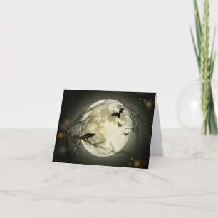 Cartão Lua cheia com morcegos e Raven.