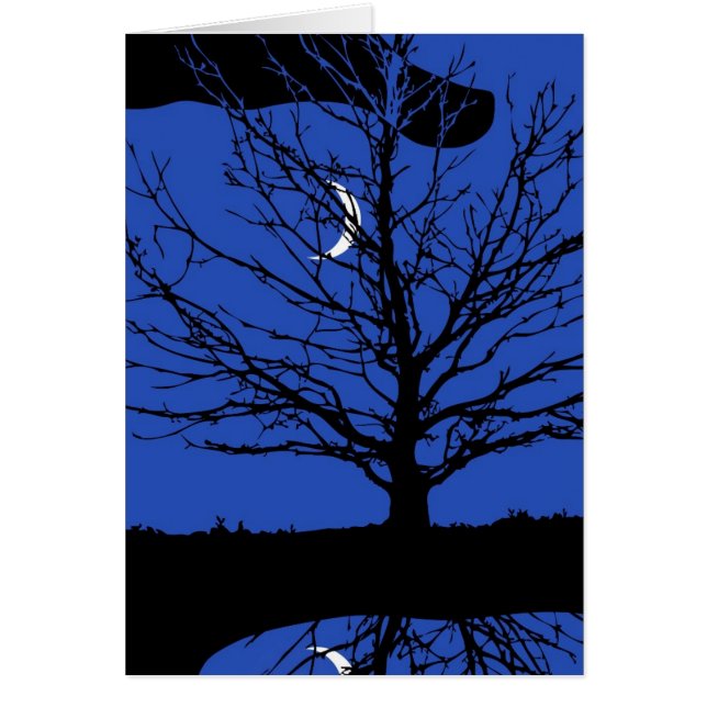 Cartão Lua com árvore, azul cobalto, preto e branco (Frente)