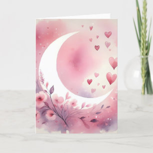 Cartão Lua Crescente em Aquarela, Corações, Flores de Cer