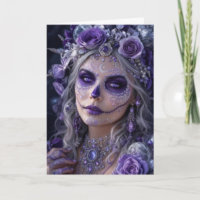 Cartão Lua de Ámora Calavera – Dia de Finados Roxo (Frente)