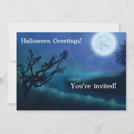 Cartão Lua de Halloween à noite em tons de azul e verde