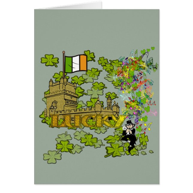 Cartão Lucky Leprechaun e seu Castelo Irlandês (Frente)
