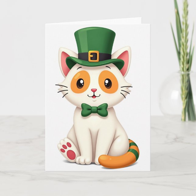 Cartão Lucky White Cat St Patricks Day Card (Frente)