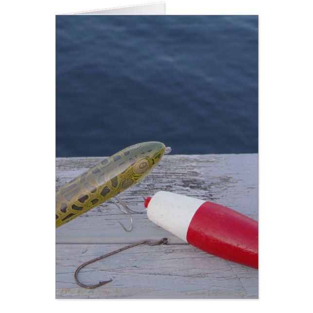 Cartão lures de pesca no lago vermelho, azul branco... (Frente)