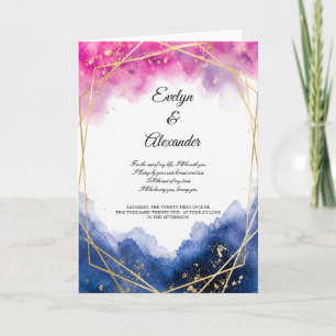 Cartão Luxo Rosa Bege Azul Naval Moldura Dourada Aquarela