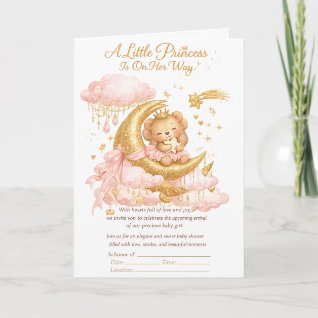 Cartão Luxury Baby Girl Shower Invitation Pink Gold Moon  (Frente)