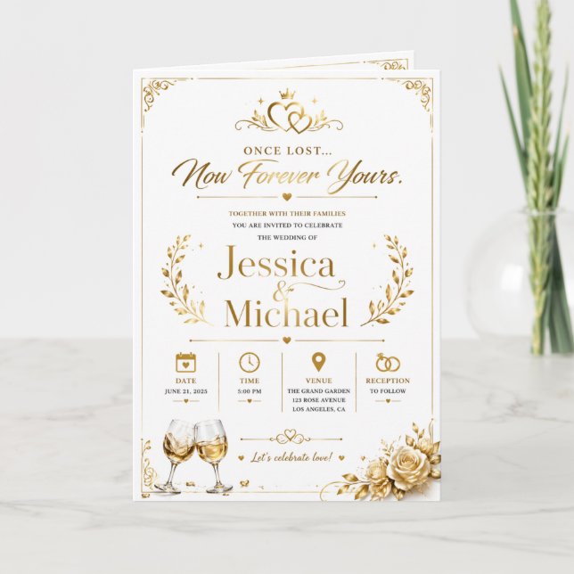 Cartão Luxury Gold Wedding Invitation Elegant Romantic  (Frente)