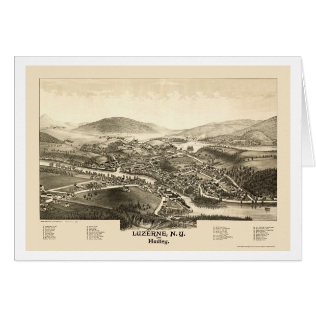 Cartão Luzerne & Hadley, mapa panorâmico de NY - 1887 (Frente Horizontal)