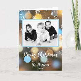 Cartão Luzes Bokeh de Natal Foto Personalizável da Famíli