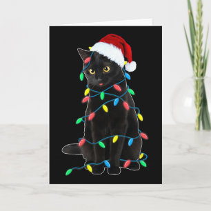 Cartão Luzes de árvore de Natal de gato preto, kitten eng