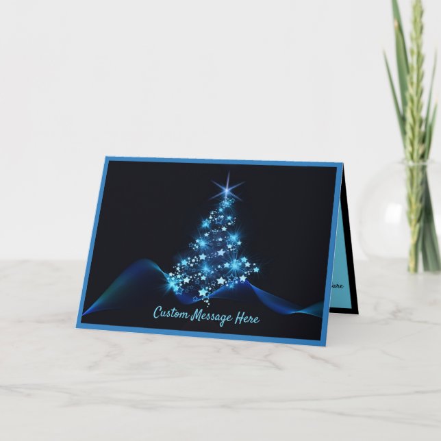 Cartão Luzes de árvore de Natal preto e azul, de Elegânci (Frente)