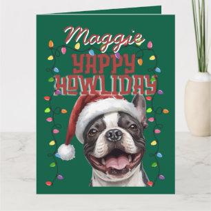 Cartão Luzes de Natal Cachorro Bulldog Francês Verde Fofo