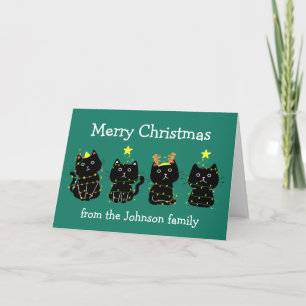 Cartão Luzes de Natal de Gato Fofo Personalizadas Verde F