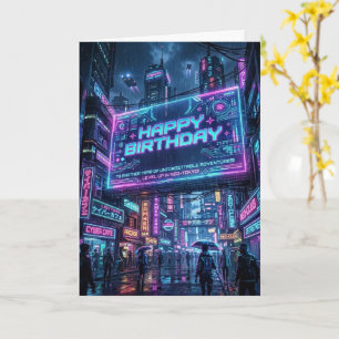 Cartão Luzes Neon da Cidade Cyberpunk Feliz Aniversário