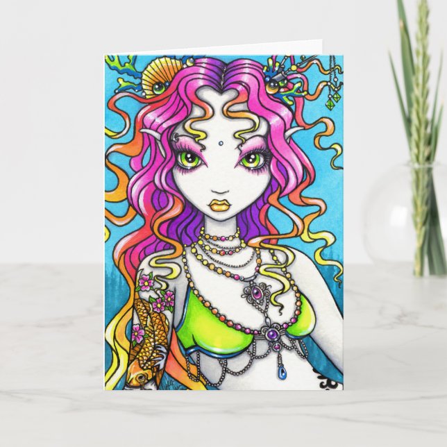 Cartão Lyra Shimmering Rainbow Koi Tattoo Mermaid Card (Frente)