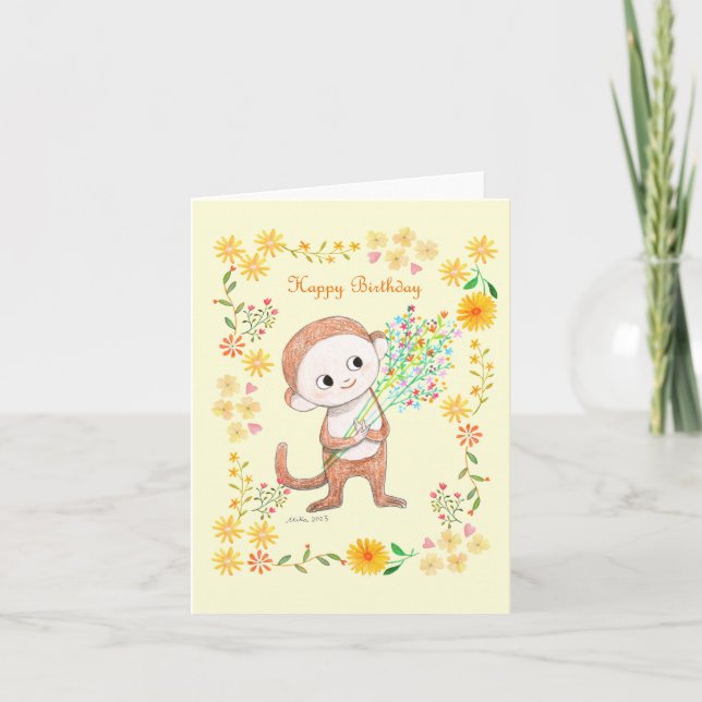 Cartão Macaco Bonito com flores Feliz Aniversário Adoráve (Frente)