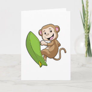 Cartão Macaco como Surfista com Prancha de Surfe