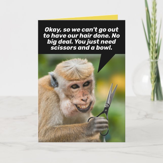 Cartão Macaco Engraçado com um abrigo de cabelo ruim no l (Frente)