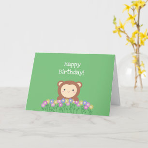 Cartão Macaco-gato e flores sábio sábio feliz aniversá