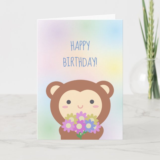 Cartão Macaco Kawaii Fofo e Flores Feliz Aniversário (Frente)