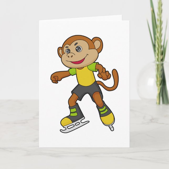 Cartão Macaco no patinação no gelo com patins de gelo (Frente)