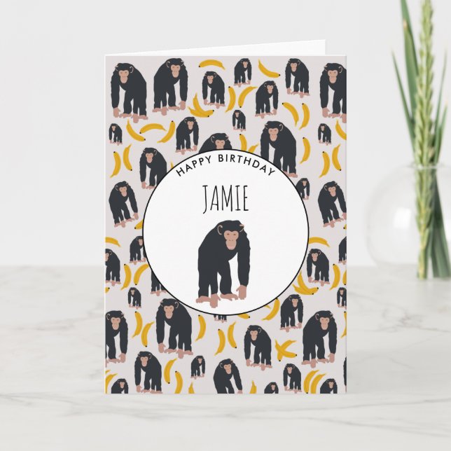 Cartão Macaco Personalizado Chimpanzee & Banana Aniversár (Frente)