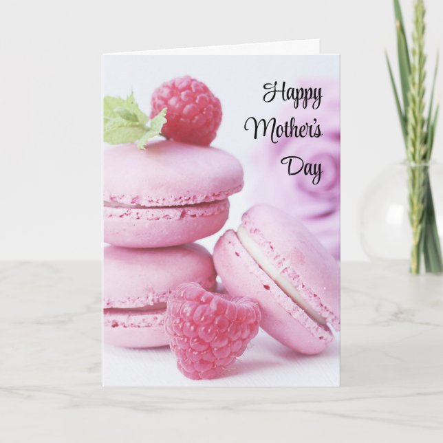 Cartão Macarons Cor-de-Rosa e Frambosas no Dia das Mães (Frente)