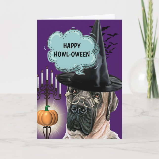Cartão Maçtiff, bruxa de cão bonitinha, feliz Howloween (Frente)