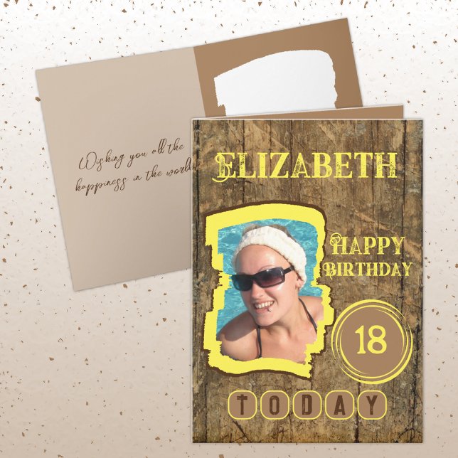 Cartão Madeira rustica amarela castanha 18.o aniversário (Criador carregado)